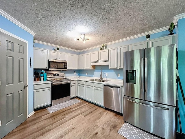 kitchen featuring a sink, ornamental molding, stainless steel appliances, and light wood-type flooring