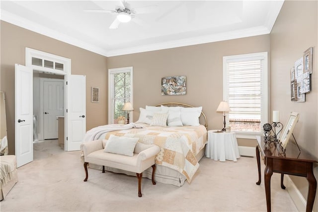 bedroom with light colored carpet, ceiling fan, ornamental molding, and multiple windows