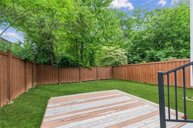 deck with a yard and a fenced backyard