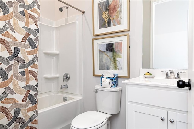 full bathroom featuring vanity, shower / bath combination with curtain, and toilet