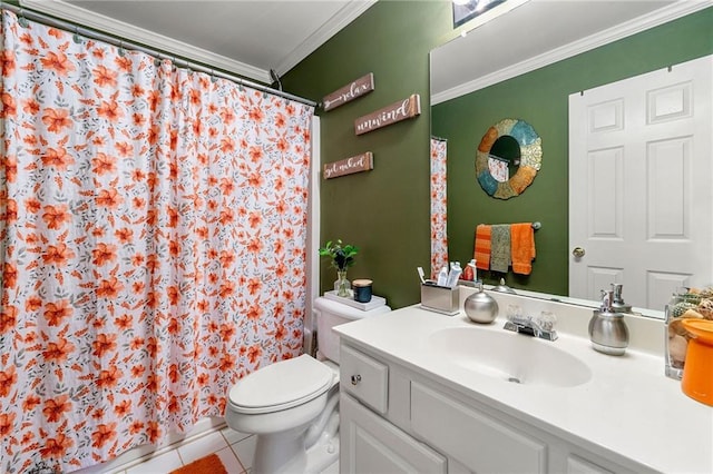 bathroom with tile patterned floors, toilet, vanity, and ornamental molding