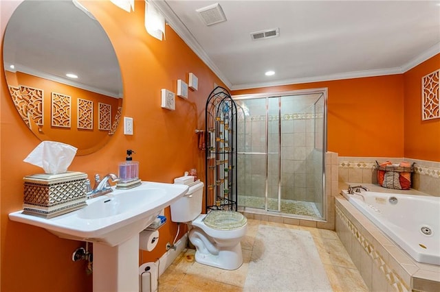 bathroom with a tub with jets, visible vents, a stall shower, and crown molding