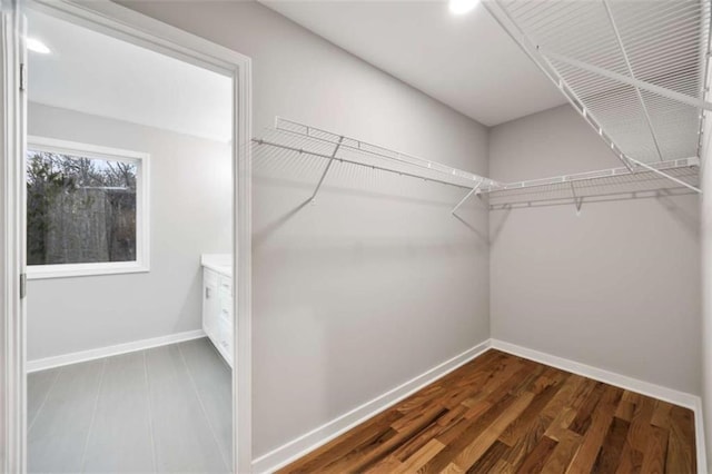 spacious closet with dark wood-style floors