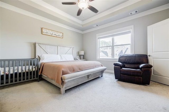 10035 River Rock Dr, Roswell, GA 30076 - carpeted bedroom with a raised ceiling, crown molding, and a ceiling fan