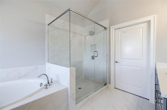10035 River Rock Dr, Roswell, GA 30076 - full bathroom with a marble finish shower, a bath, vanity, and marble finish floors