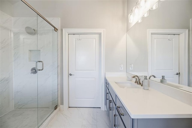 10035 River Rock Dr, Roswell, GA 30076 - bathroom featuring marble look tile flooring, a marble finish shower, and vanity