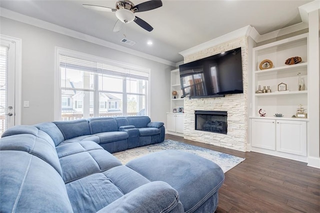 10035 River Rock Dr, Roswell, GA 30076 - living room featuring ornamental molding, a ceiling fan, dark wood finished floors, and a fireplace