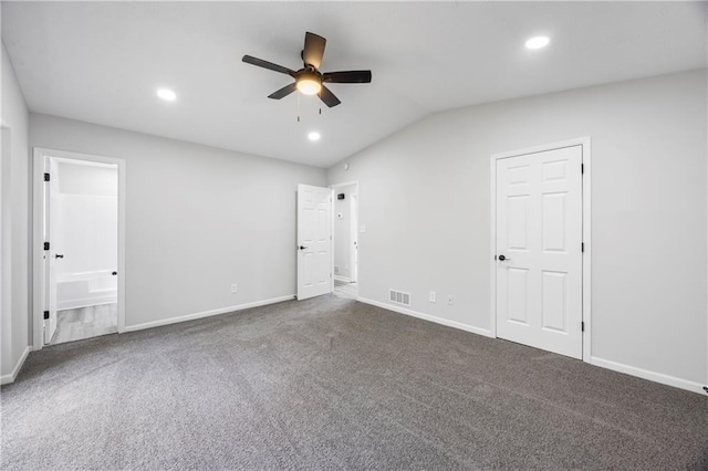 unfurnished bedroom with carpet floors, recessed lighting, baseboards, and visible vents