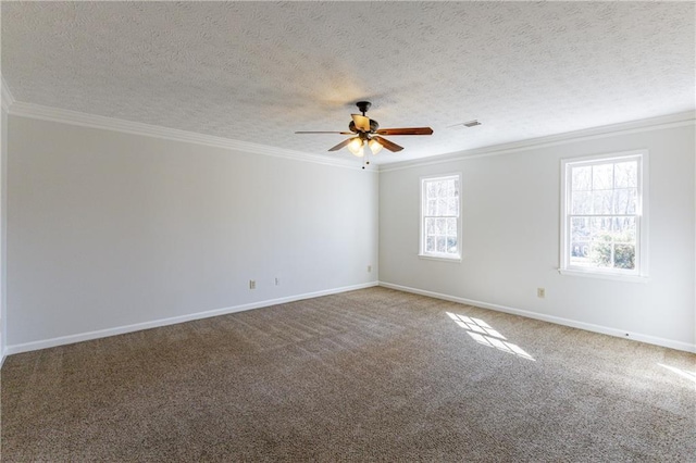 unfurnished room with crown molding, carpet, a textured ceiling, and ceiling fan