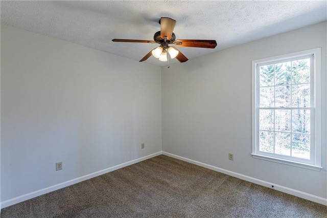 empty room with carpet, a wealth of natural light, a textured ceiling, and ceiling fan