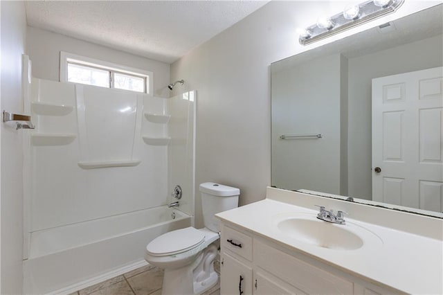 full bathroom with shower / bath combination, tile patterned flooring, vanity, a textured ceiling, and toilet