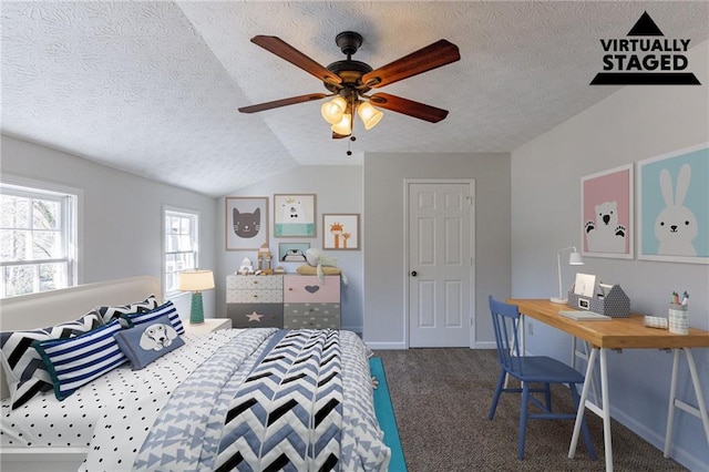 carpeted bedroom featuring vaulted ceiling, ceiling fan, and a textured ceiling