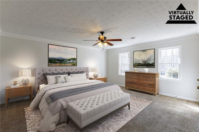 carpeted bedroom featuring crown molding, ceiling fan, and a textured ceiling