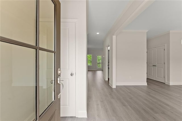 392 Brookstone Trl, Dawsonville, GA 30534 - corridor featuring crown molding, baseboards, recessed lighting, and light wood-type flooring