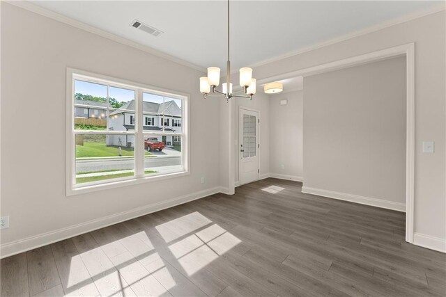 392 Brookstone Trl, Dawsonville, GA 30534 - unfurnished dining area with visible vents, crown molding, baseboards, a chandelier, and dark wood finished floors