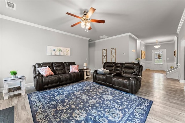 4381 Highland Gate Parkway, Gainesville, GA 30506 - living room with visible vents, a ceiling fan, light wood-style floors, and ornamental molding