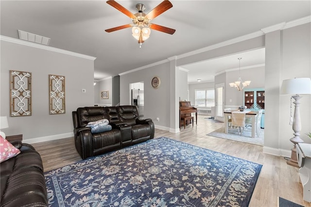 4381 Highland Gate Parkway, Gainesville, GA 30506 - living room featuring visible vents, baseboards, ceiling fan with notable chandelier, and wood finished floors