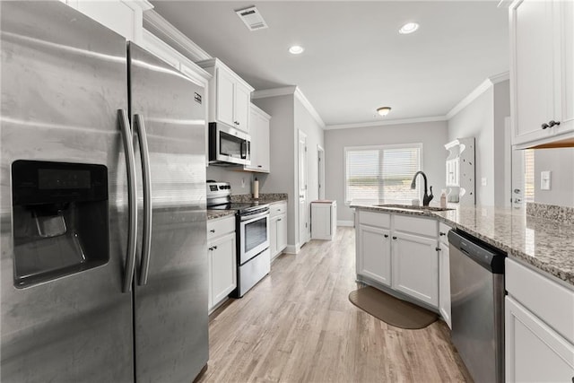 4381 Highland Gate Parkway, Gainesville, GA 30506 - kitchen with appliances with stainless steel finishes, a sink, a peninsula, white cabinetry, and ornamental molding