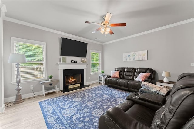 4381 Highland Gate Parkway, Gainesville, GA 30506 - living room with crown molding, a ceiling fan, baseboards, wood finished floors, and a lit fireplace
