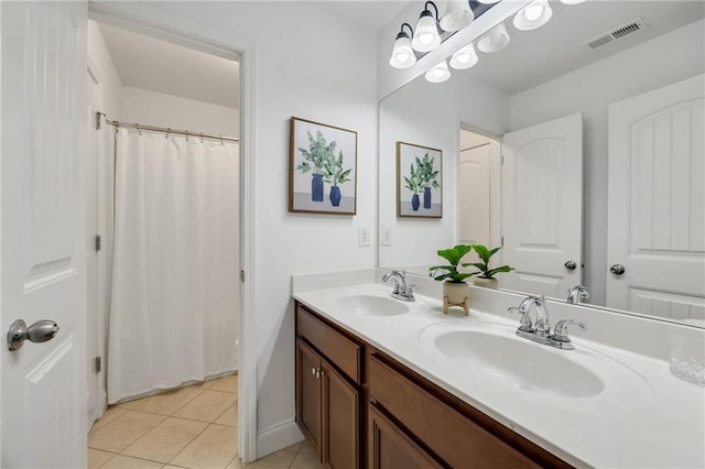 224 Celestial Ridge Dr, Dallas, GA 30132 - full bath featuring double vanity, tile patterned flooring, and curtained shower
