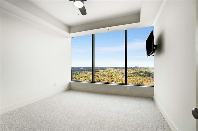 empty room with carpet flooring, a raised ceiling, and ceiling fan