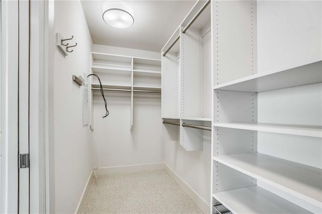 walk in closet featuring light colored carpet