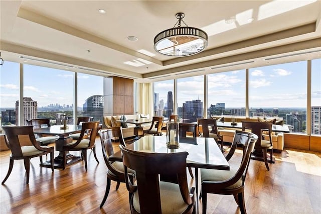 dining space with wood-type flooring and a tray ceiling