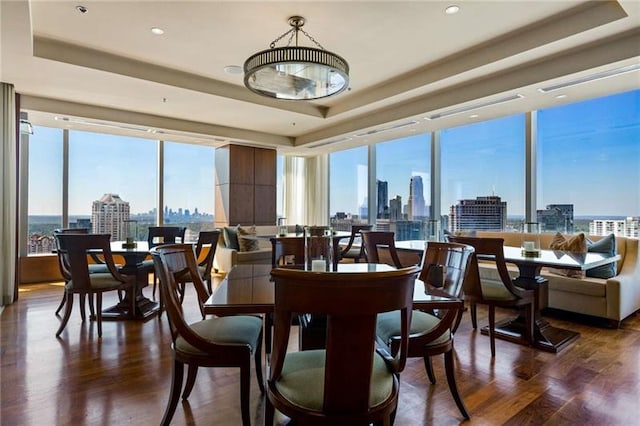 dining space with a raised ceiling and dark hardwood / wood-style floors