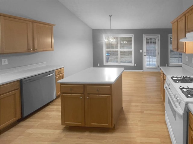 kitchen with light wood-style floors, white gas range, light countertops, and dishwasher