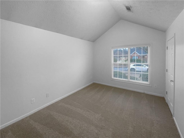 additional living space featuring carpet floors, lofted ceiling, visible vents, a textured ceiling, and baseboards