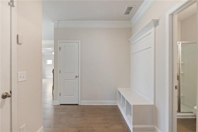 5103 Woodline View Ln, Auburn, GA 30011 - mudroom with crown molding, wood finished floors, a ceiling fan, and baseboards