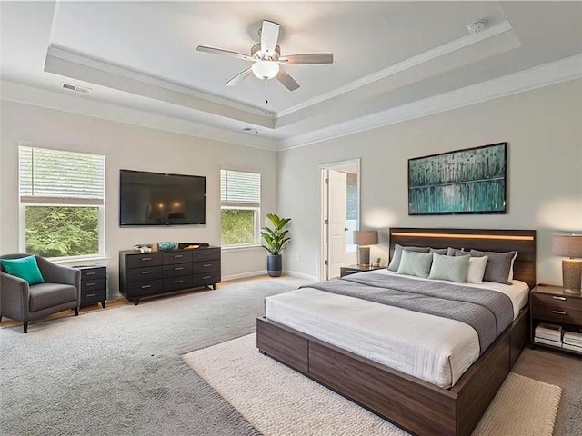 5103 Woodline View Ln, Auburn, GA 30011 - carpeted bedroom featuring a tray ceiling, crown molding, baseboards, and ceiling fan