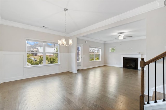 5103 Woodline View Ln, Auburn, GA 30011 - unfurnished living room featuring a chandelier, a wainscoted wall, ceiling fan, a fireplace with flush hearth, and wood finished floors