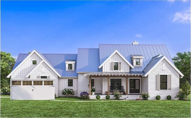 4557 Gresham Rd, Douglasville, GA 30134 - modern inspired farmhouse featuring a standing seam roof, a front lawn, board and batten siding, and a chimney