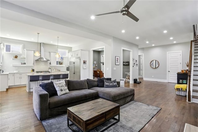 2020 Bixby St SE, Atlanta, GA 30317 - living area featuring stairs, ceiling fan, hardwood / wood-style floors, and recessed lighting