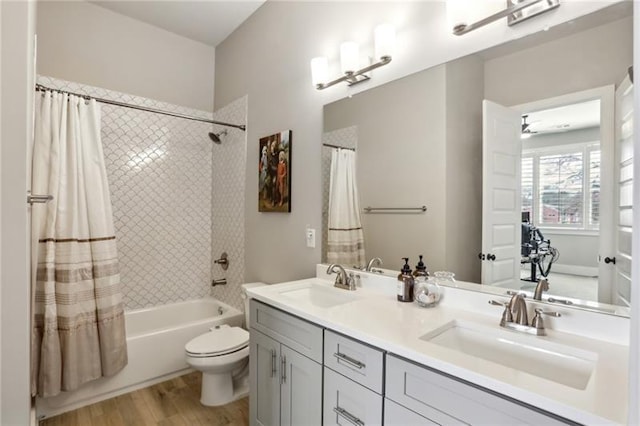 2020 Bixby St SE, Atlanta, GA 30317 - full bathroom featuring shower / tub combo with curtain, wood finished floors, and double vanity