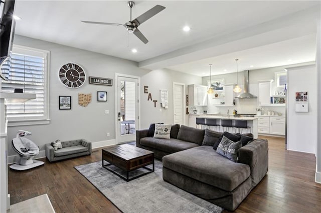 2020 Bixby St SE, Atlanta, GA 30317 - living room with dark wood-type flooring, a ceiling fan, and recessed lighting