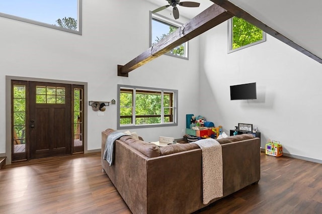 35 Indian Trce, Mineral Bluff, GA 30559 - living room with a towering ceiling, dark wood finished floors, plenty of natural light, and ceiling fan