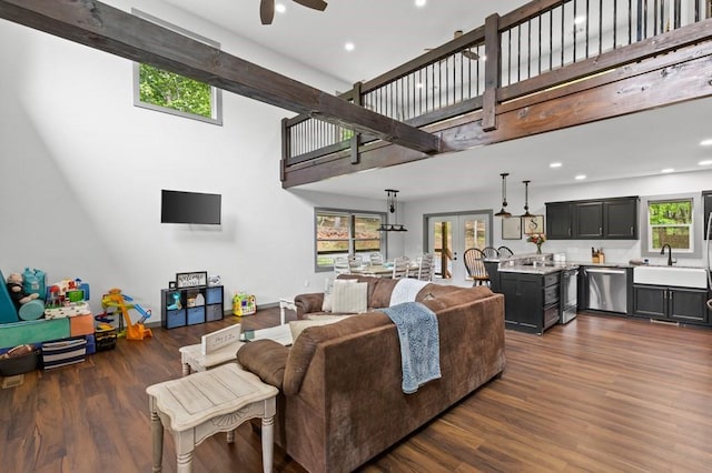 35 Indian Trce, Mineral Bluff, GA 30559 - living room featuring a ceiling fan, dark wood-style flooring, recessed lighting, french doors, and bar with sink