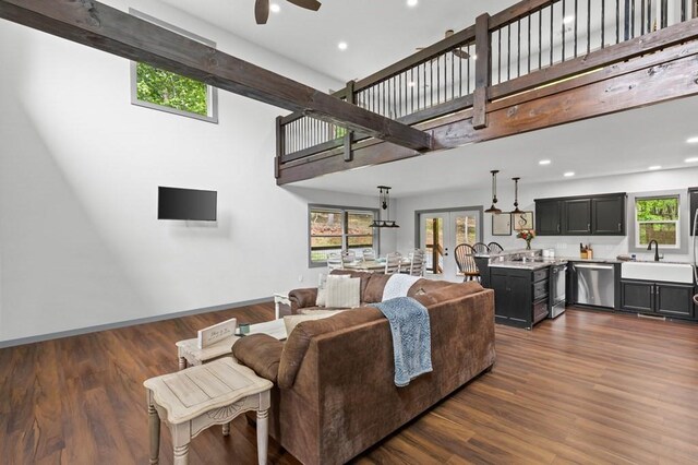 35 Indian Trce, Mineral Bluff, GA 30559 - living area featuring a ceiling fan, french doors, recessed lighting, dark wood finished floors, and baseboards