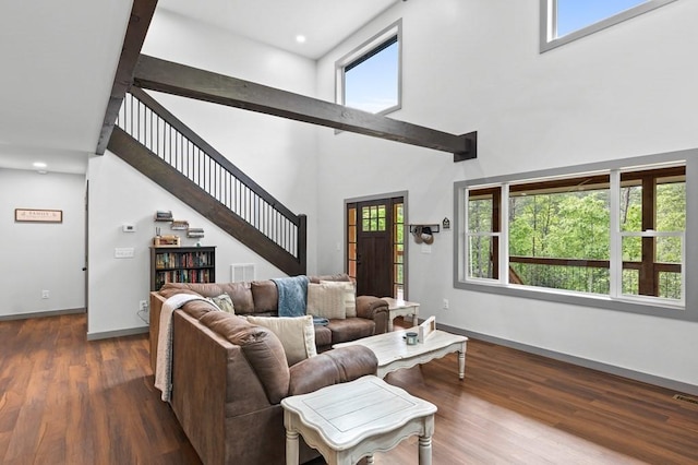 35 Indian Trce, Mineral Bluff, GA 30559 - living room with a towering ceiling, baseboards, dark wood-type flooring, stairway, and recessed lighting