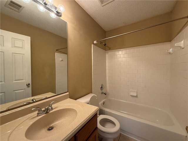 bathroom with visible vents, a textured ceiling, toilet, and shower / bathtub combination