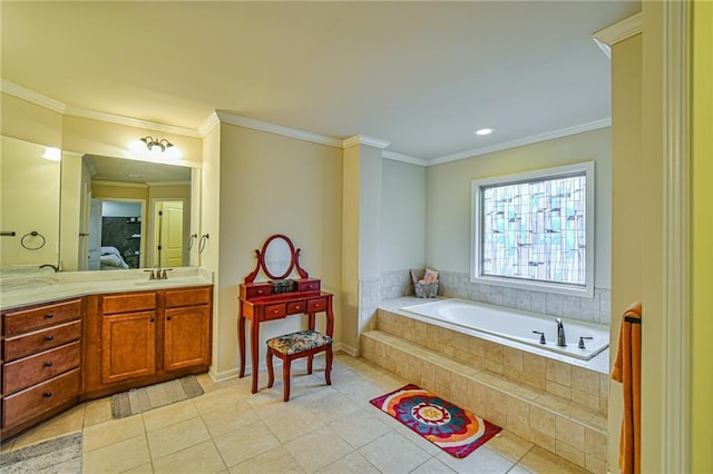 bathroom featuring vanity, tile patterned floors, ornamental molding, and tiled tub