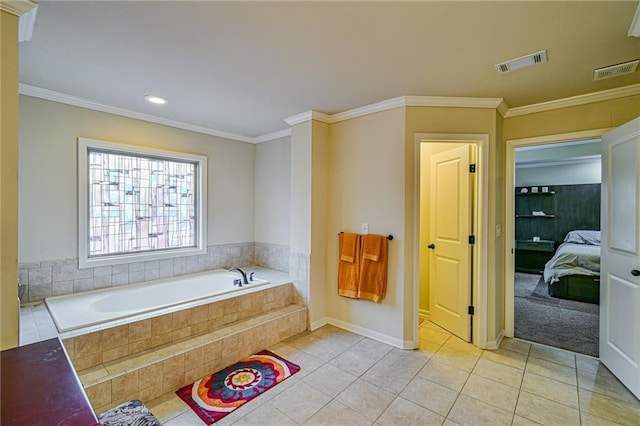 bathroom featuring tile patterned floors, tiled tub, and ornamental molding