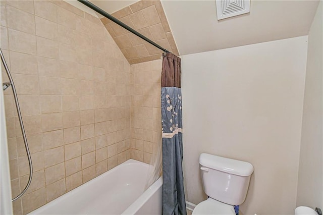 bathroom featuring shower / bathtub combination with curtain, toilet, and lofted ceiling