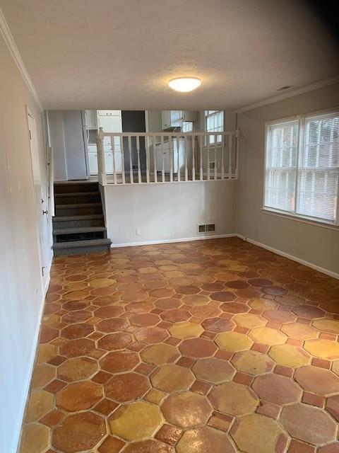 empty room featuring ornamental molding