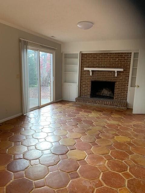 unfurnished living room featuring a fireplace and built in shelves