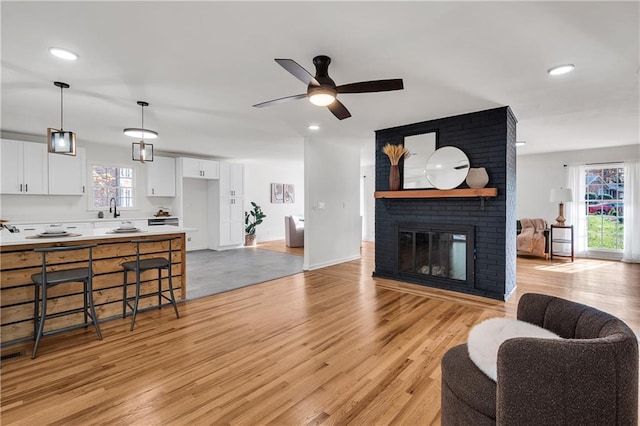 living room featuring light wood-type flooring, plenty of natural light, and sink