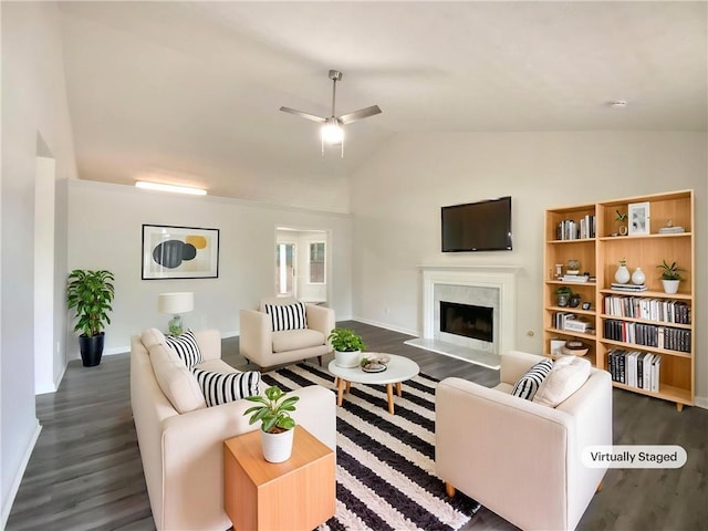 2012 Elm Grove Ln, Hampton, GA 30228 - living area with a ceiling fan, a premium fireplace, dark wood-style floors, and vaulted ceiling
