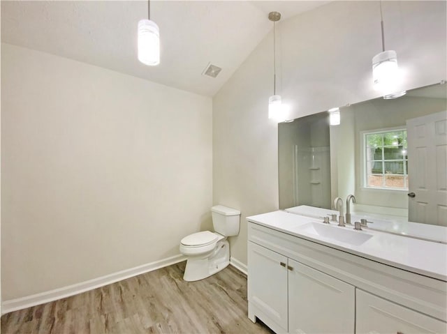 2012 Elm Grove Ln, Hampton, GA 30228 - bathroom with vanity, toilet, baseboards, wood finished floors, and vaulted ceiling